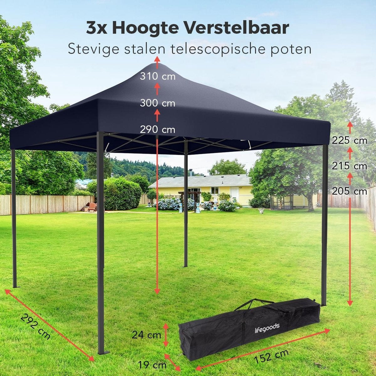 Tonnelle de jardin - LifeGoods - 3x3 m - Facile à monter - Pliable - Imperméable - Sac de transport à roulettes - Bleu foncé