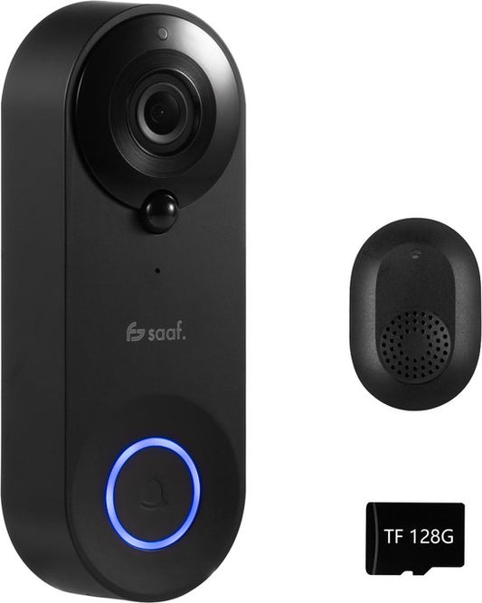 Sonnette vidéo avec caméra - avec gong et carte SD de 128 Go - sans fil - sonnette intelligente - avec application - noir - de Saaf