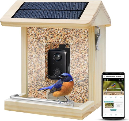 Mangeoire à oiseaux - Niche à oiseaux avec caméra - Bois - Reconnaissance des oiseaux par IA - 1080 HD - Audio - Avec panneau solaire