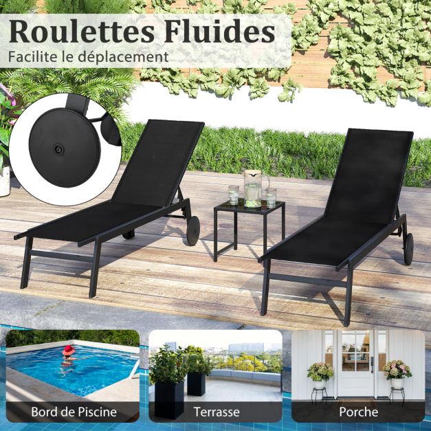 Lit de bronzage Coast - 190 x 59 x 99 cm - Réglable - Mobile - Métal - Noir
