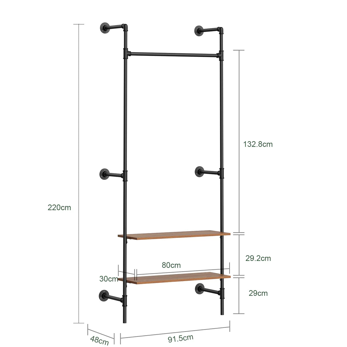 SoBuy KLS20-SCH : porte-vêtements mural compact avec 2 étagères en MDF - Noir industriel - 91,5 x 48 x 220 cm