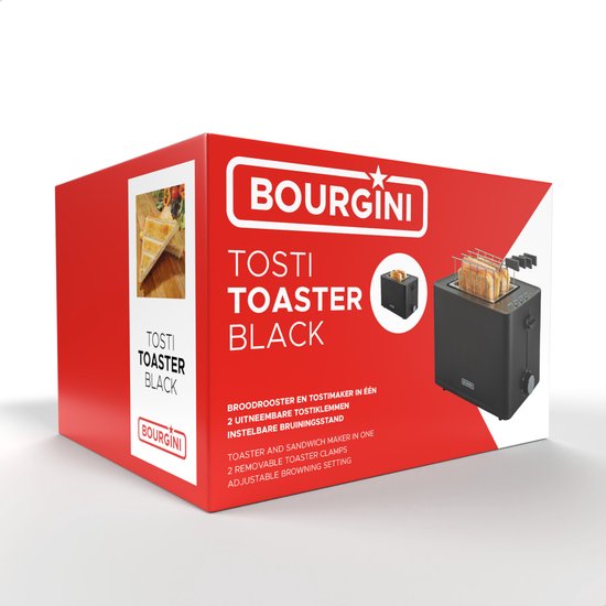 Bourgini Toasti Toaster - Grille-pain avec pinces Toasti - Noir- Fente extra-large convenant à 2 sandwichs grillés - Réglage du brunissement et fonction de décongélation