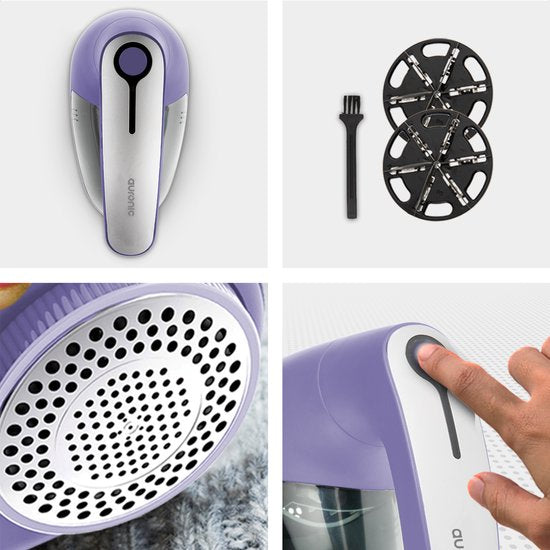 Auronic Electric Lint Remover - Dépoussiéreur sans fil - Autonomie de la batterie 60 minutes - Tondeuse à peluches - 2 accessoires supplémentaires - Violet
