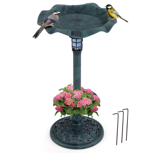 Coast Retro bain d'oiseaux avec éclairage solaire - mangeoire pour oiseaux avec pot de fleurs et support - vert - 43 x 43 x 76 cm