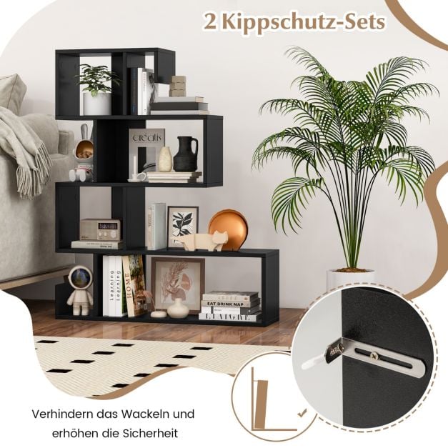 Bibliothèque Coast en forme de S à 5 étagères – 80 x 22 x 100 cm – Noir