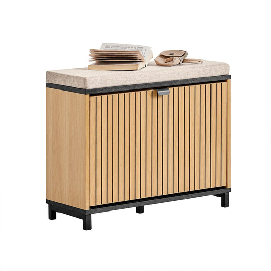 SoBuy FSR201-N Banc à chaussures, entrée, avec siège rembourré, confortable, pliable, noir et bois clair, supporte 113 kg, 60 x 24 x 50 cm