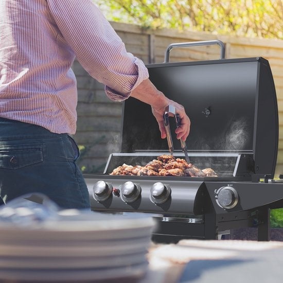 Barbecue à gaz KitchenBrothers - Avec 5 brûleur - Raccordement au gaz - 42x57cm surface de cuisson - Noir