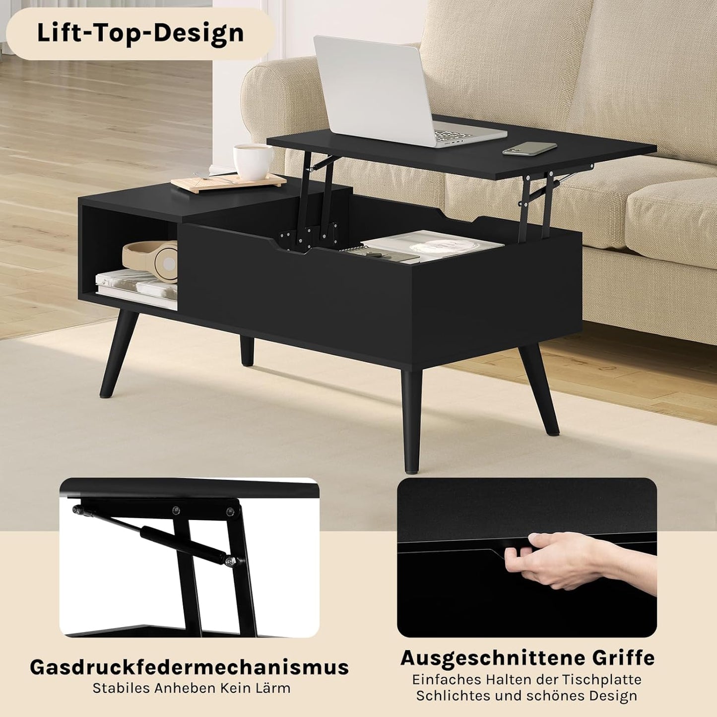 Table basse Woltu à hauteur réglable - 100 x 57 x 50 cm - Noir