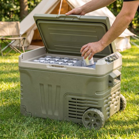 Auronic Electric Cool Box - Compresseur - 50L - 12V et 240 volts - Réfrigérateur de camping - Frigobox Car - Avec roues et poignée - Vert