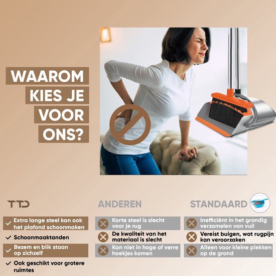 TTD® Pelle et brosse avec long manche XXL - réglable 54-263 cm - balai - manche de balai - gris et orange - pelle et brosse - poubelle pour l'intérieur et l'extérieur - dents de nettoyage intégrées