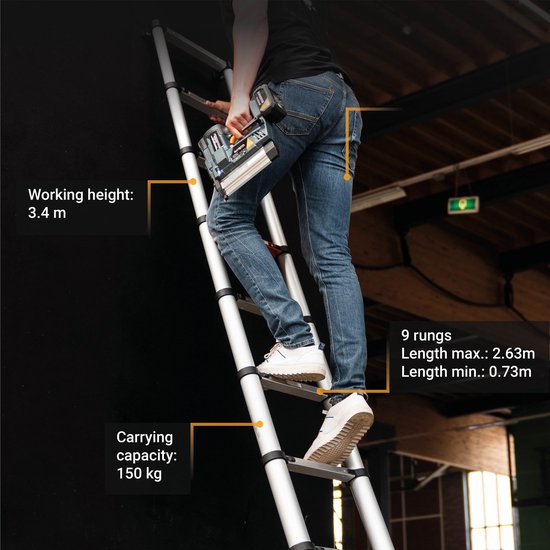 Batavia Echelle télescopique 2.63m - SoftClose & AntiSlip - Longueur étendue 263cm - Anti-slip - Soft-close breveté - Charge max 150kg - Hauteur de travail 363cm - Giraffe Air
