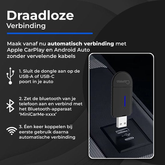 CarMe Mini 2-in-1 CarPlay Dongle - USB-A & USB-C - Wireless CarPlay & Android Auto - Android Auto Dongle - Noir