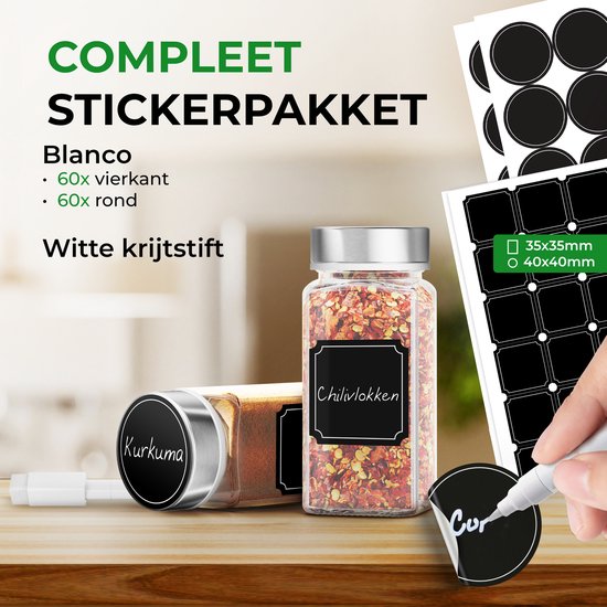 Soothe 48 pots à épices carrés en verre avec couvercle en acier inoxydable - 2 types de couvercles à saupoudrer - Spice Spreader - pots à épices - Set complet avec stickers à épices, stick à craie et accessoires - 120ml