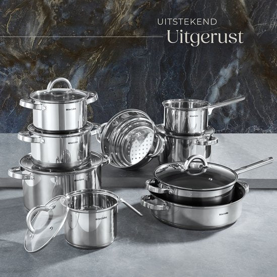 tectake® Set de casseroles - acier inoxydable - Convient à la cuisson par induction, au gaz et à l'électricité - 15 pièces - Lavable au lave-vaisselle - Pour la maison ou le camping - Poêles avec couvercles