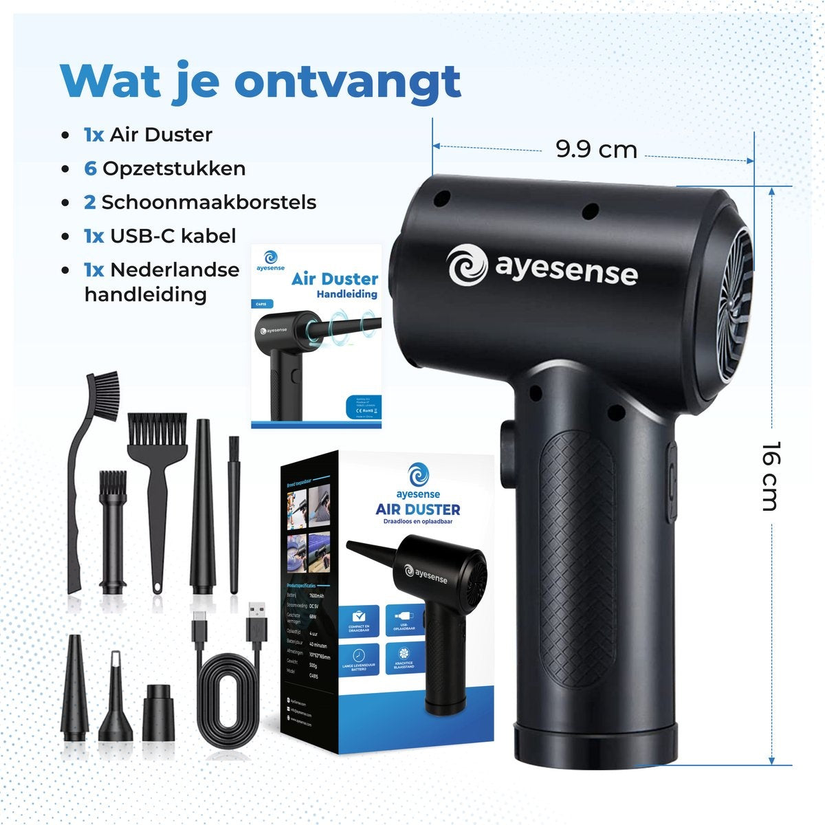 AyeSense 8 in 1 Air Duster Pro - 8 Opzetstukken - Draadloos & Oplaadbaar - Perslucht - Compressed Air
