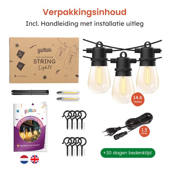 Partizzle 15m Guirlande lumineuse extérieure LED - Lumières de terrasse et de camping - Guirlande lumineuse de Noël - Lumières de Noël - Guirlande lumineuse étanche - 2700K / Blanc chaud