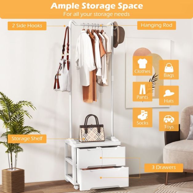 Costway Portemanteau - Avec tiroirs et crochets latéraux - 46 x 38 x 157 cm - Blanc