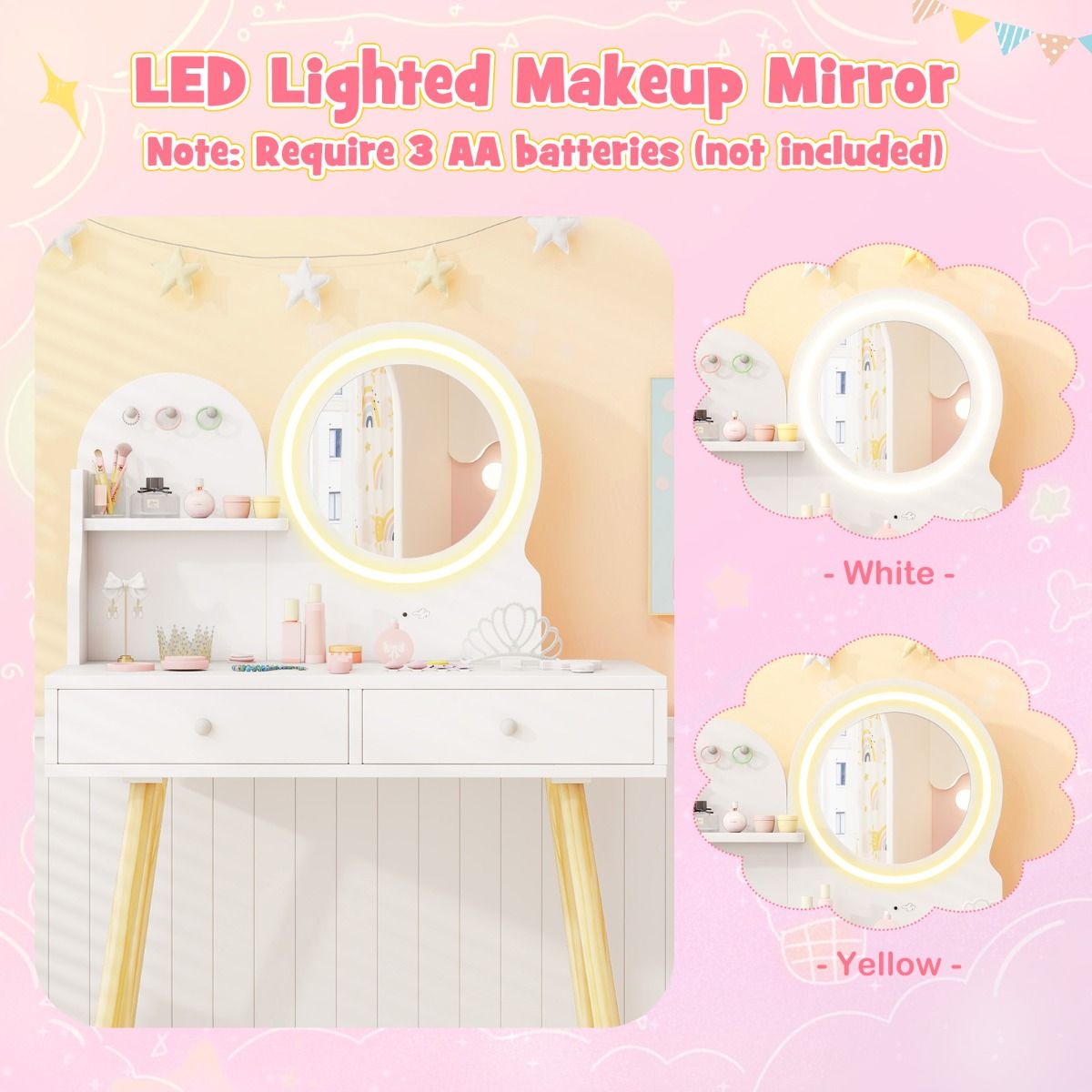 Ensemble de coiffeuse pour enfants Coast - miroir éclairé - espace de rangement avec tiroirs et crochets - blanc