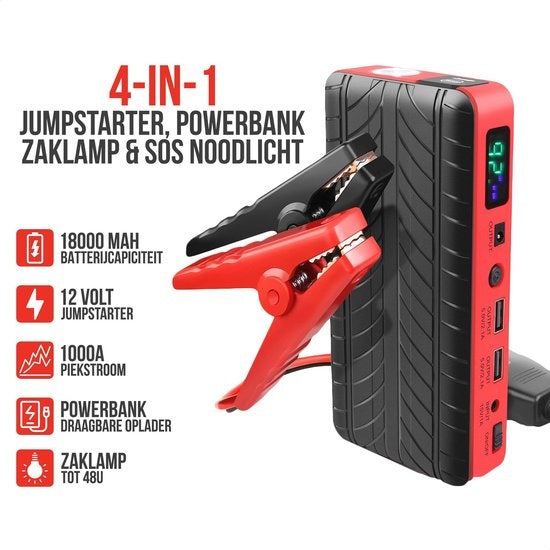 Démarreur de voiture - Strex - 12V J– 1000A / 18 000 mAh – avec powerbank, lampe de poche LED et lumière SOS d'urgence – Avec mallette de rangement