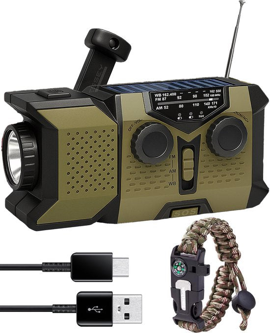 ODESSEY Radio d'urgence solaire rembobinable - 2000 mAh Powerbank - Lampe de poche - Radio portable - Kit d'urgence