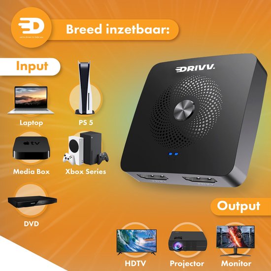Drivv. Commutateur HDMI - 2 entrées 1 sortie / 1 entrée 2 sortie - bidirectionnel - Supporte 720p/1080p/4K/3D - Noir