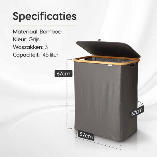 Panier à linge Dymac, 145 Litres, 3 compartiments, Trieur de linge en bambou, Avec 3 sacs à linge amovibles, Gris
