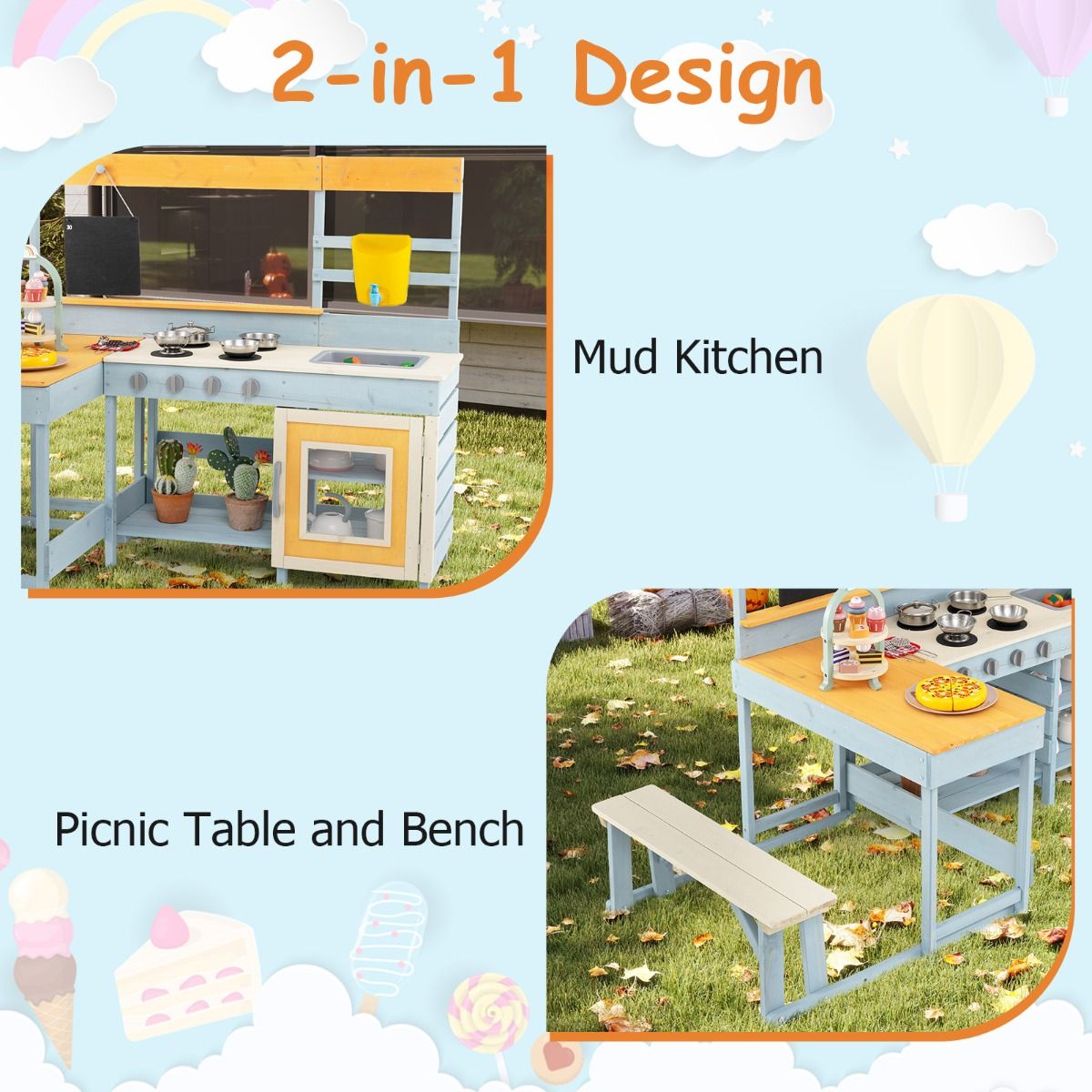 Cuisine jouet Coast pour enfants - Cuisine jouet et coin repas 2-en-1 - avec rangements et accessoires - gris - 150 x 71 x 99 cm