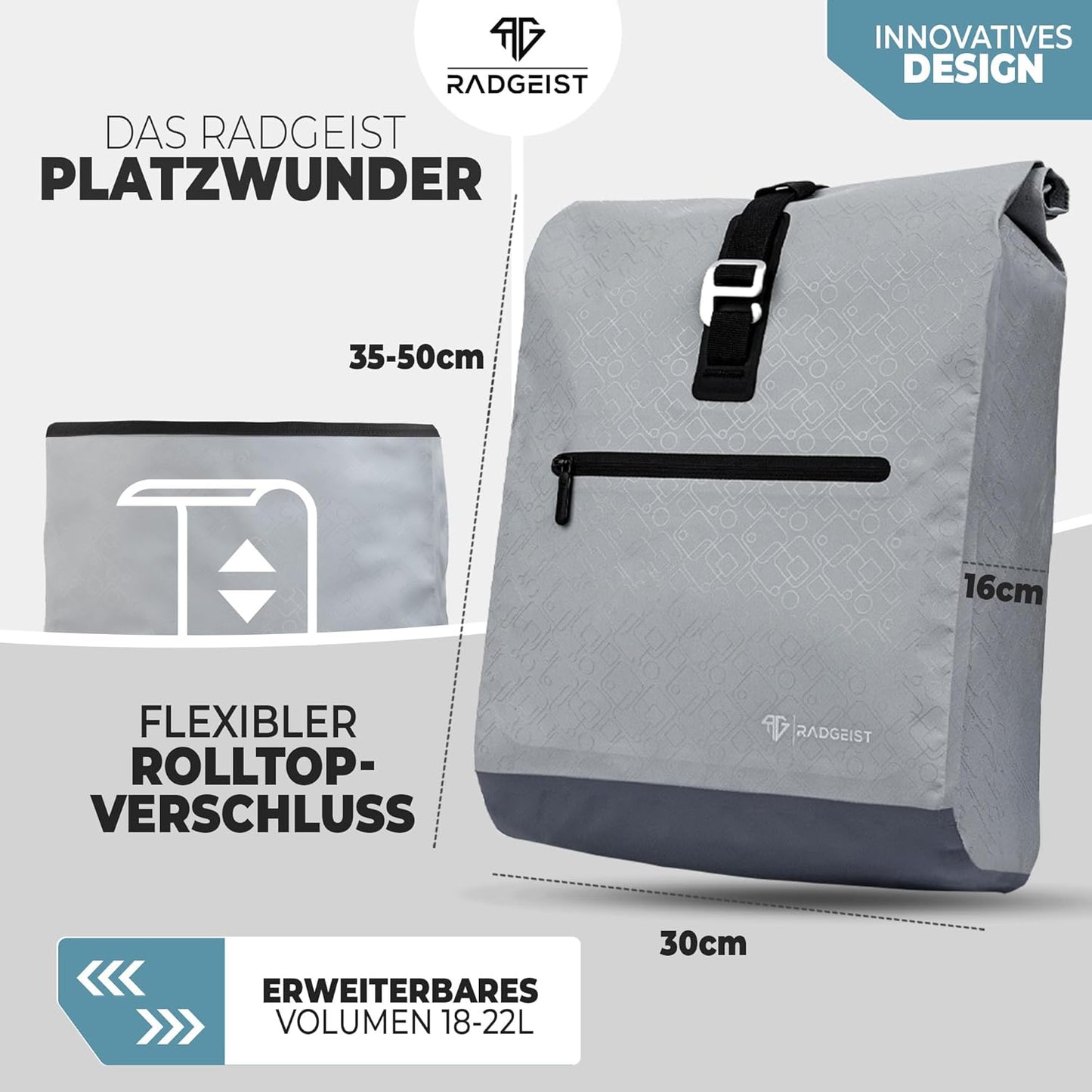 Sac à vélo Radgeist pour porte-bagages 2-en-1 - Sac à bandoulière - 100 % imperméable - 20 litres - Gris