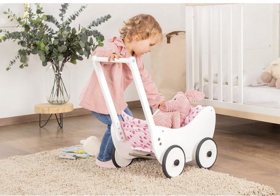 Poussette pour poupées en bois Pinolino « Trixi » - Adorable berceau durable – En hêtre massif avec couette « Cœurs » - blanc