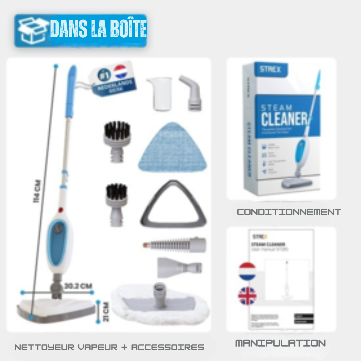 Strex Nettoyeur vapeur 12 en 1 et sèche-main – Appareil de nettoyage à la vapeur – Pour surfaces dures et textiles - Bleu et blanc