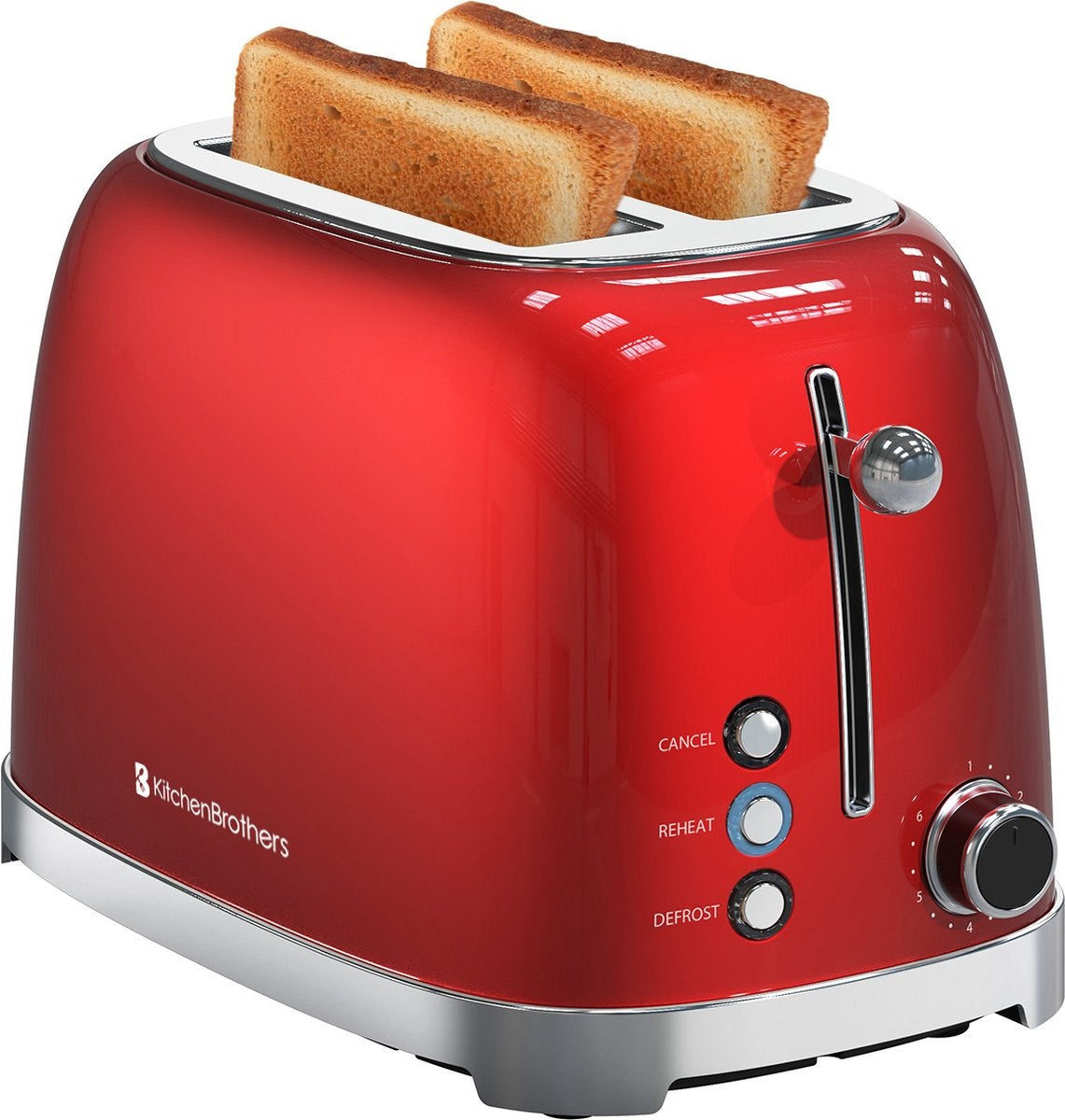 KitchenBrothers Grille-pain rétro - 6 niveaux de chaleur - 2 fentes extra-larges - 1630W - Fonction de réchauffage et de décongélation - Rouge