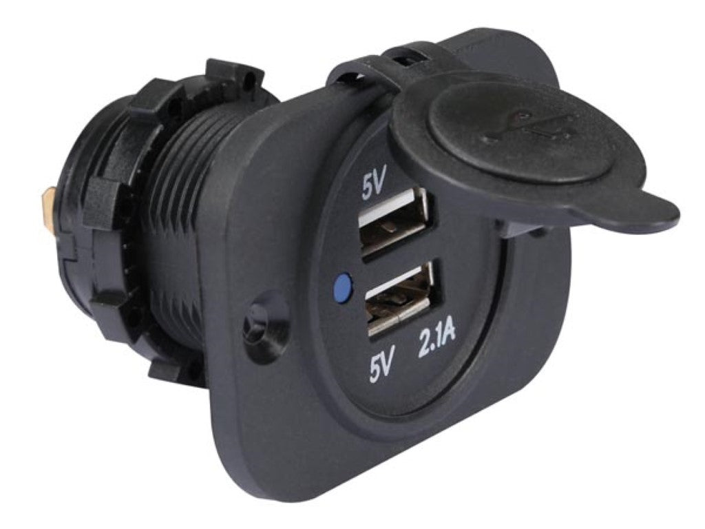 Chargeur USB - À encastrer - Double - 12-24 V - Résistant aux éclaboussures - Protection contre les courts-circuits - Noir