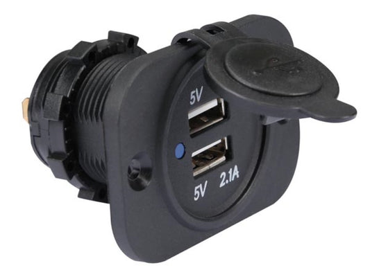 Chargeur USB - À encastrer - Double - 12-24 V - Résistant aux éclaboussures - Protection contre les courts-circuits - Noir