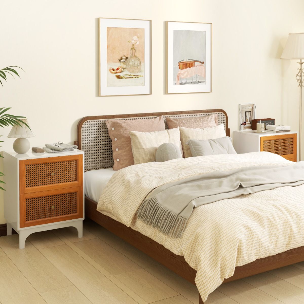 Table de nuit en rotin Coast Boho blanc et marron 46x33x59.5 cm avec 2 tiroirs tressés à la main