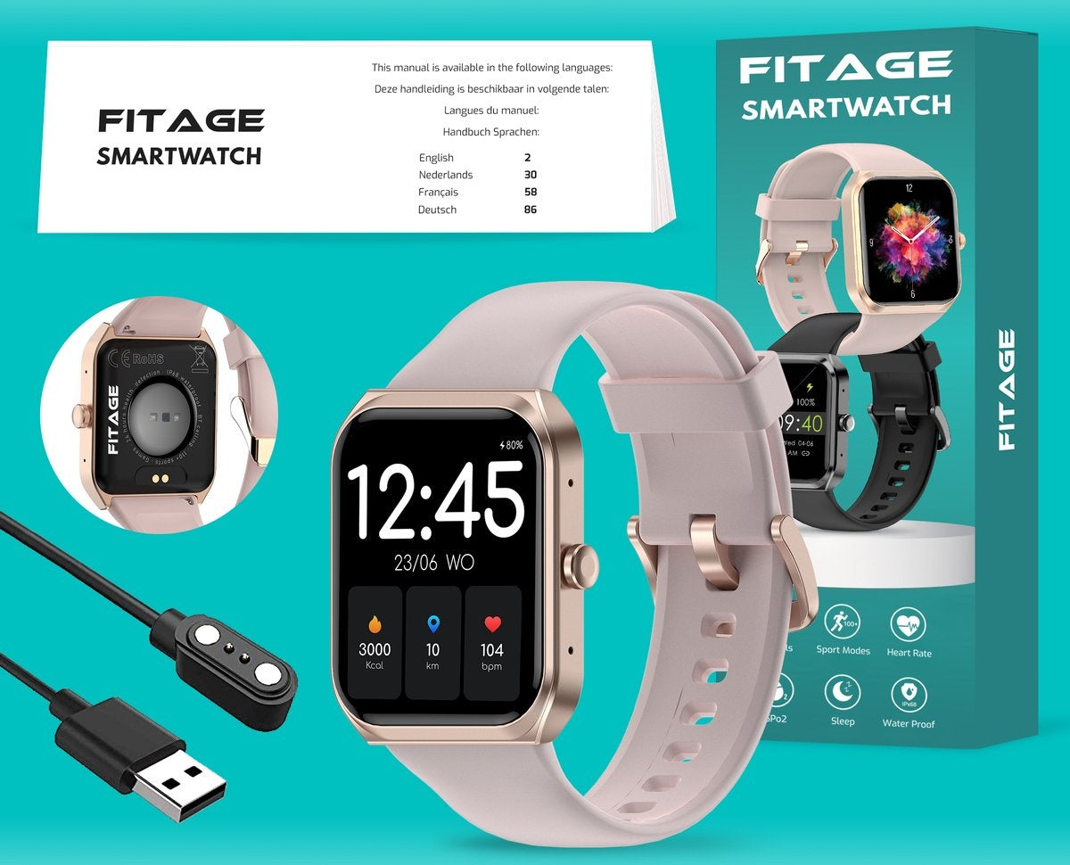 Montre connectée - FITAGE - Cardiofréquencemètre - Montre de sport - Rose