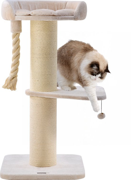 Jake et Jacky : Arbre à chat pour grands chats avec panier - Avec corde à jouer - Avec marchepied - Naturel/Crème - 57 x 57 x 121 cm - Ø de l'arbre à chat : 20 cm