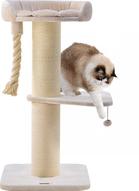 Jake et Jacky : Arbre à chat pour grands chats avec panier - Avec corde à jouer - Avec marchepied - Naturel/Crème - 57 x 57 x 121 cm - Ø de l'arbre à chat : 20 cm