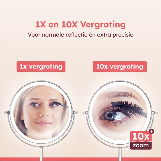 Fraay Miroir de maquillage avec éclairage LED Ø20 cm - Grossissement 10x - Rechargeable - Double face - Dimmable - 3 modes d'éclairage - Chrome