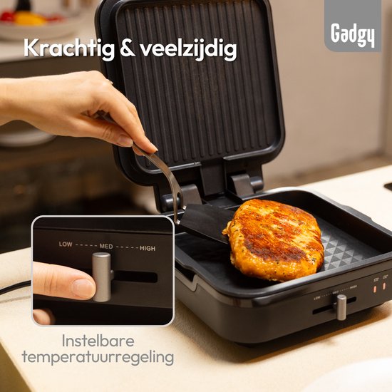 Grill de table Gadgy pivotant à 180° – 3-en-1 – Grill de table et appareil à panini – 1 400 W – Avec plaque antiadhésive amovible et structure rabattable – Régulateur de température – Cuisson allégée en matières grasses – Cooltouch