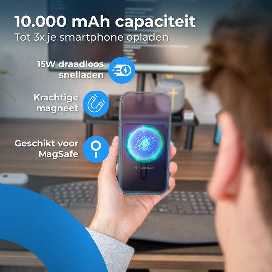 Nuvance Powerbank 10000 mAh - Adapté à MagSafe - Chargeur rapide 15W - Wireless Powerbank - Usb-A 22.5W & Usb-C 20W - Noir