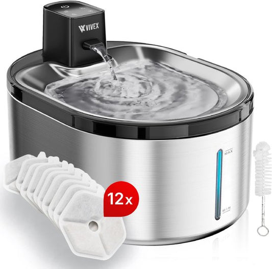 Vivex® Wireless Drinking Fountain - Acier inoxydable - 4,5 litres - Fontaine à eau pour chats et chiens - Avec capteur et batterie - 12 filtres et outil de nettoyage inclus - Silencieux - Filtres supplémentaires