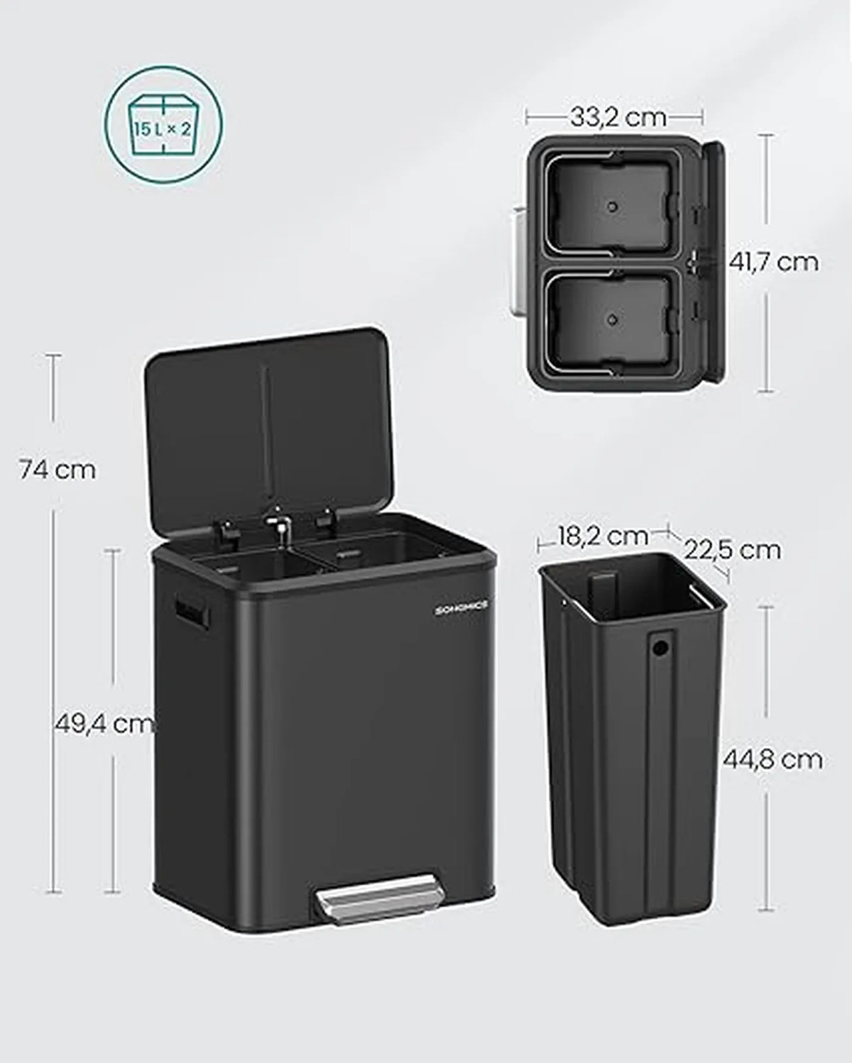 Système de tri des déchets de cuisine Songmics 30 L – 2 poubelles de 15 L – Noir d'encre – Acier
