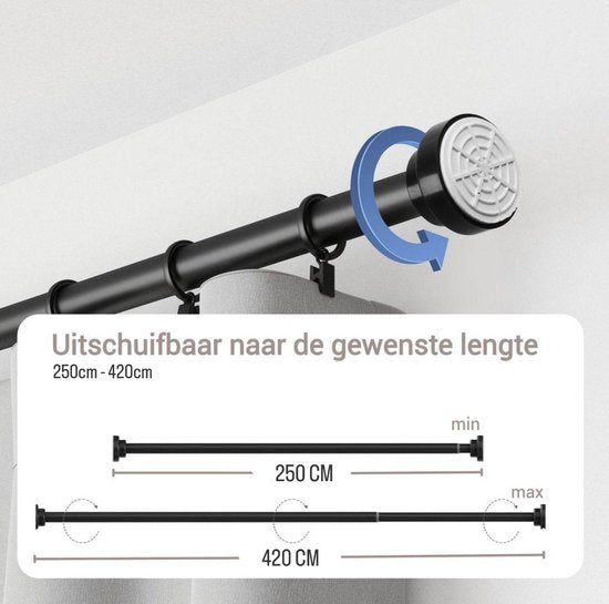 Tringle à rideaux sans perçage - 250 à 420 cm - Tringle à rideaux de douche télescopique - 400 cm - Tringle à pince télescopique - Métal noir