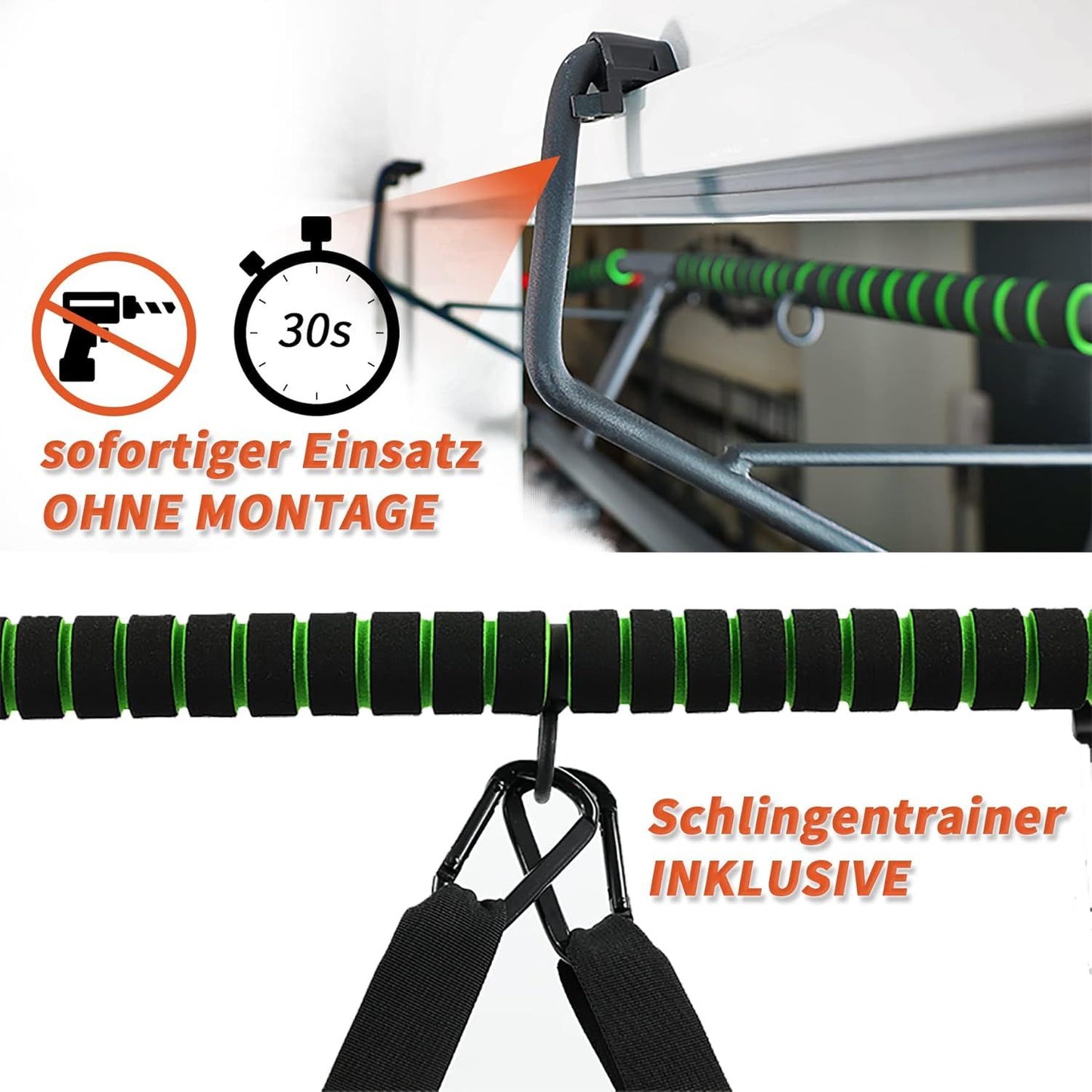 DH FitLife Barre de traction pour porte - Barre de traction sans vis avec Slingtrainer - Noir/Vert - 70-92 cm