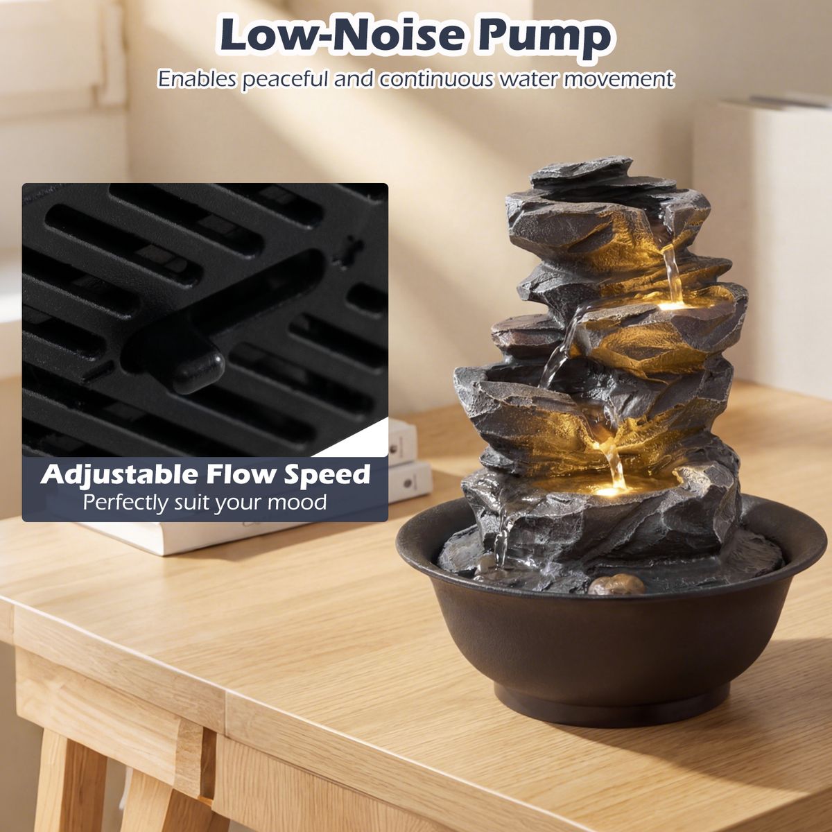 Fontaine de table Coast - cascade aspect rocheux - éclairage LED - noir - 21,5 x 26 cm