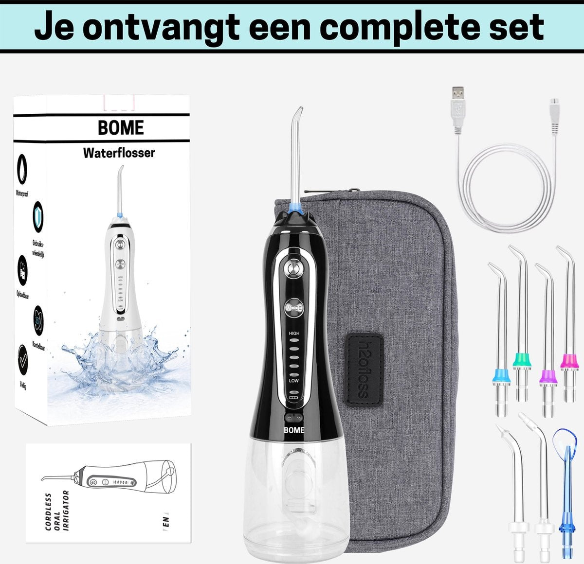 BOME Water Flosser with 7 Attachments - Oral Wash - Prevent Tartar - Cordless - 5 Stages - Black