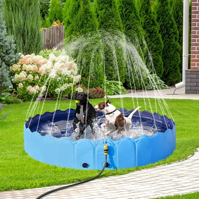 Piscine pliable pour chiens Yaheetech avec pulvérisateur, 160 x 33 cm - Bleu - Baignoire antidérapante pour animaux de compagnie