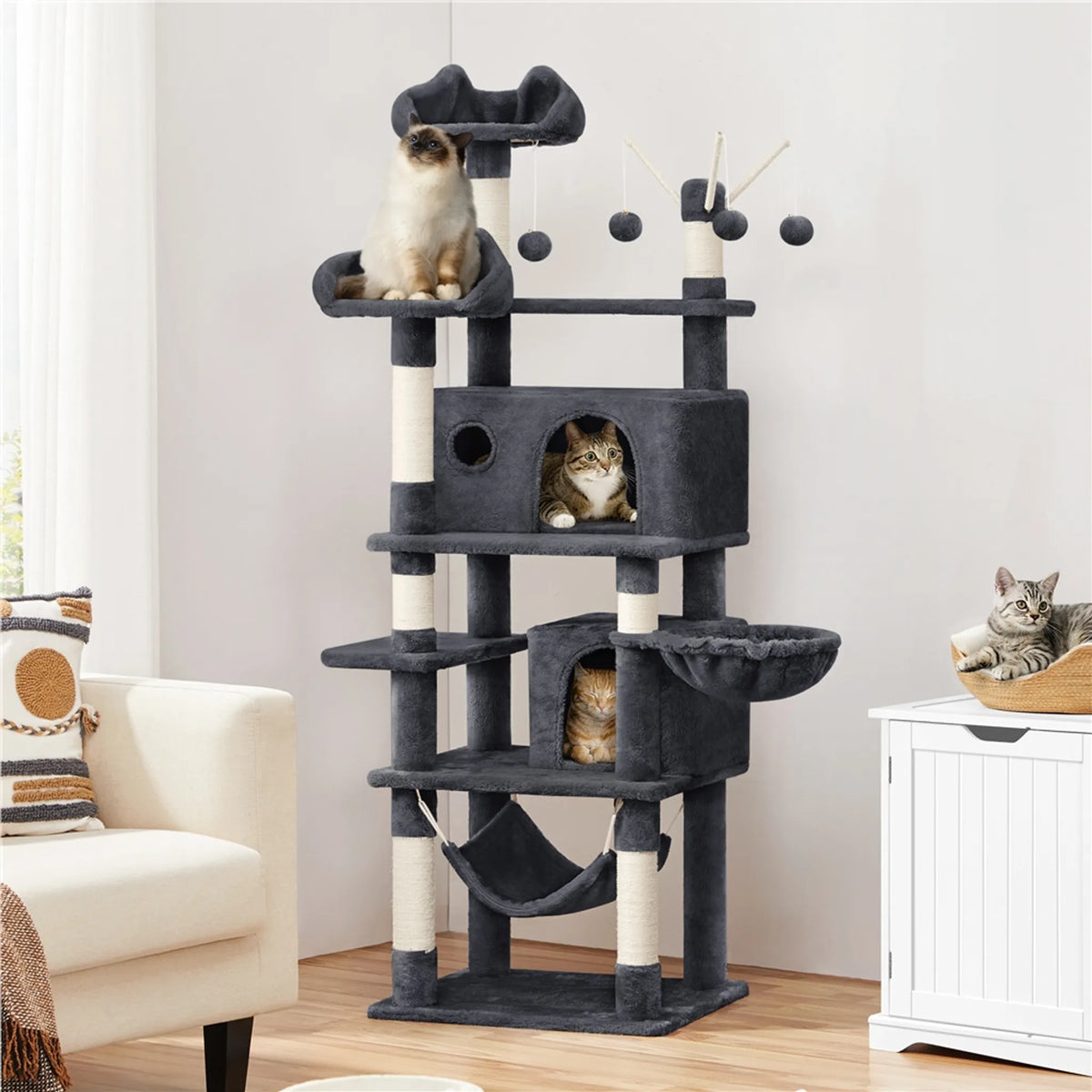 Yaheetech Cat Post XXL avec 2 plateformes d'observation - équipé de 2 trous pour chats, d'un hamac et de 7 poteaux en sisal - pour les foyers avec plusieurs chats - peluche et sisal gris foncé - 55,5 x 45,5 x 170 cm