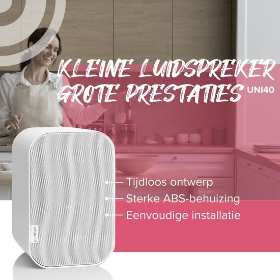 Artsound UNI40, Jeu de 2 haut-parleurs passifs, haut-parleur hi-fi 2 voies, 20-100 watts, support mural avec articulation à rotule, convient pour les grandes pièces telles que la cuisine, le café, le magasin, couleur : blanc