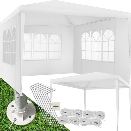 tectake® Pavillon - avec armature renforcée - Tente de réception 3x3 m - Bâche imperméable - Panneaux latéraux amovibles - Pavillon de jardin résistant aux intempéries - Lignes de tension et piquets inclus - Blanc - Tente pliante pop-up